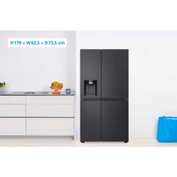 LG GSLE91EVAC v kuchyni, grafika s rozmermi H 179 × W 92,5 × D 73,5 cm