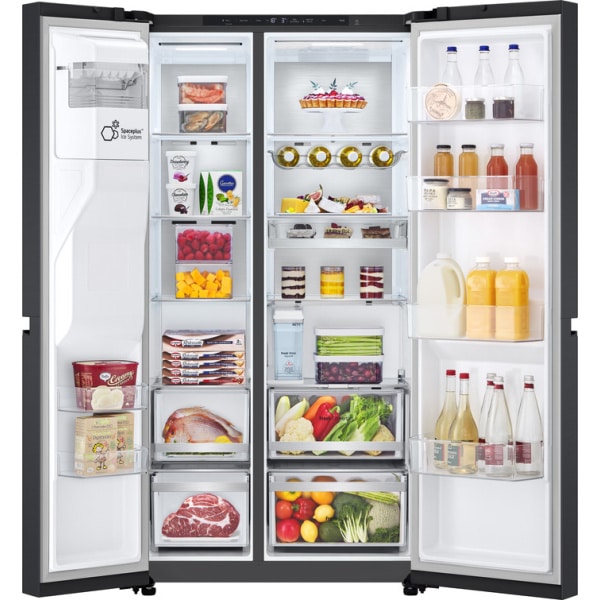 LG GSLE91EVAC s otvorenými dverami, prehľadný úložný priestor chladničky a mrazničky