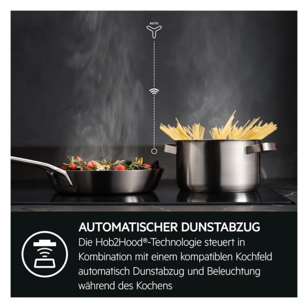 Grafické znázornenie automatického ovládania Hob2Hood nad varnou doskou s parou