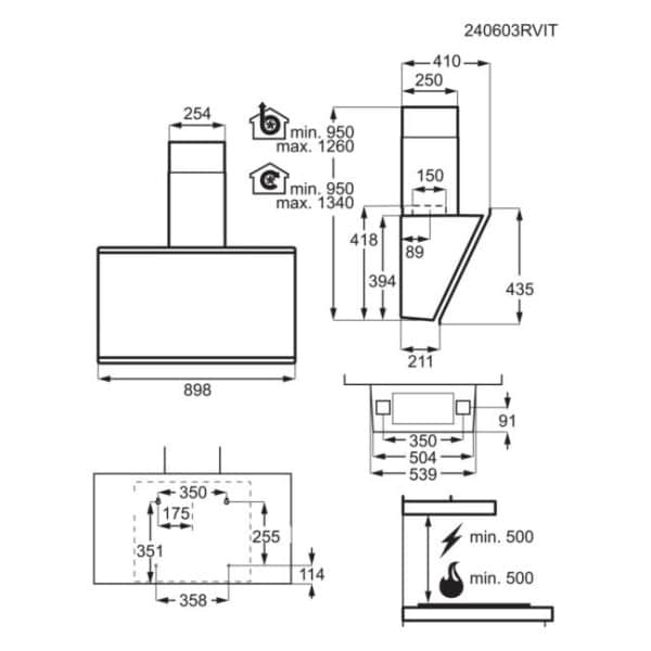 Technický výkres digestora AEG s rozmermi a pohľadmi z viacerých strán