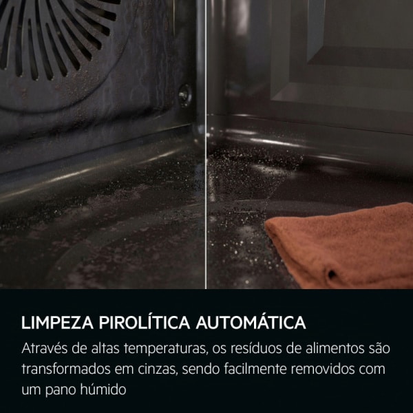 Porovnanie vnútorného priestoru rúry pred a po pyrolýze: ľavá strana znečistená, pravá strana čistá s handrou.