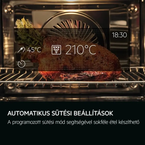 Pohľad do rúry AEG s pečeným mäsom na rošte a zobrazenými hodnotami 210 °C a 45 °C z teplotnej sondy.