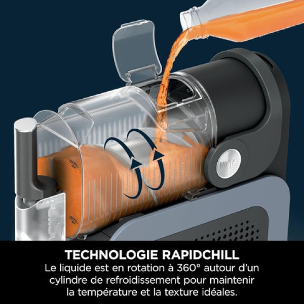 Detail valca chladenia Ninja SLUSHi ilustrujúci technológiu RapidChill počas liatia tekutiny