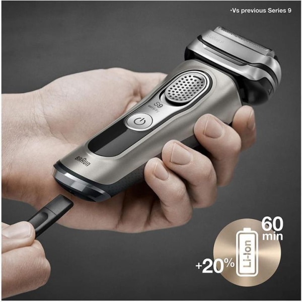 Elektrický holiaci strojček Braun Series 9 držiavaný v ruke; zreteľný vypínač a nápisy Braun a S9, zvýraznená flexibilná hlavica.