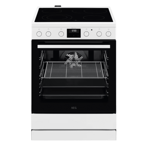 Elektrický sporák AEG CCB6440CBW, pohľad spredu s bielym rámom a sklokeramickou doskou so štyrmi zónami.