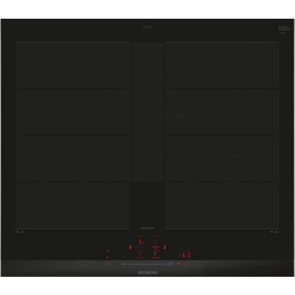 Indukčná varná doska Siemens EX675HYC1M – pohľad zhora na sklokeramický povrch s ovládacím panelom.