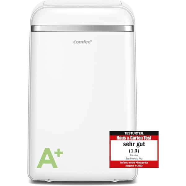 Prenosná klimatizácia Comfee FRIENDLY Pro s čelným pohľadom, označením A+ a testovacím štítkom.