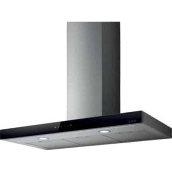 Nástenný digestor Elica JOY BLIX/A/60 z čierneho skla a nerezu, pohľad z boku s osvetlením a komínom