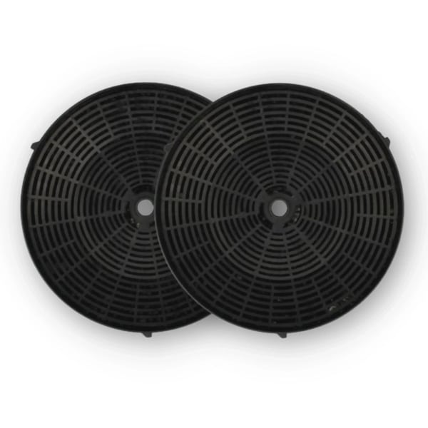 Na obrázku sú dva okrúhle uhlíkové filtre s mriežkovanou štruktúrou, položené na bielom pozadí.