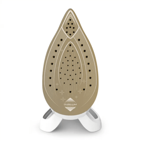 Detail žehliacej plochy s nápisom DURILIUM a hustou sieťou otvorov na paru.