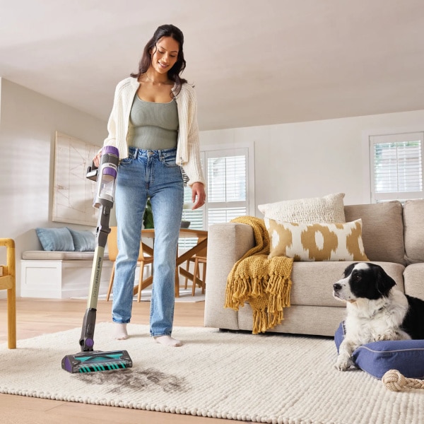 Žena vysáva s bezdrôtovým vysávačom Shark IP3256EUT v obývačke; viditeľný priehľadný zásobník a tyčová konštrukcia.