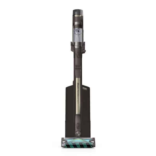 Predný pohľad na vysávač Shark s nápisom PowerDetect a hlavicou s kefou v štúdiovom prostredí.