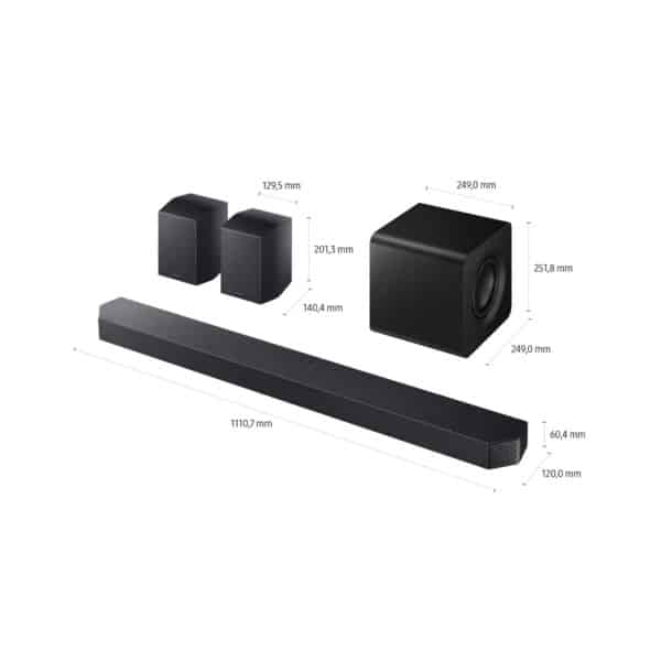 Soundbar, subwoofer a zadné reproduktory zhora s vyznačenými rozmermi v milimetroch