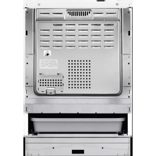 Zadná strana sporáka AEG so štítkami, ventilačnými otvormi a technickými informáciami.