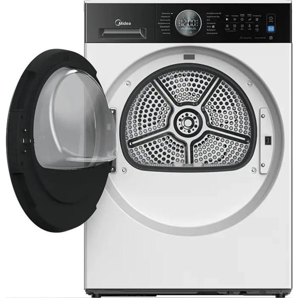 Midea MD210H100WBB s otvorenými dvierkami, viditeľný perforovaný bubon a ovládací panel