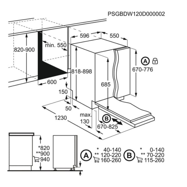 Technický nákres umývačky riadu AEG s rozmermi a detailmi pre zabudovanie