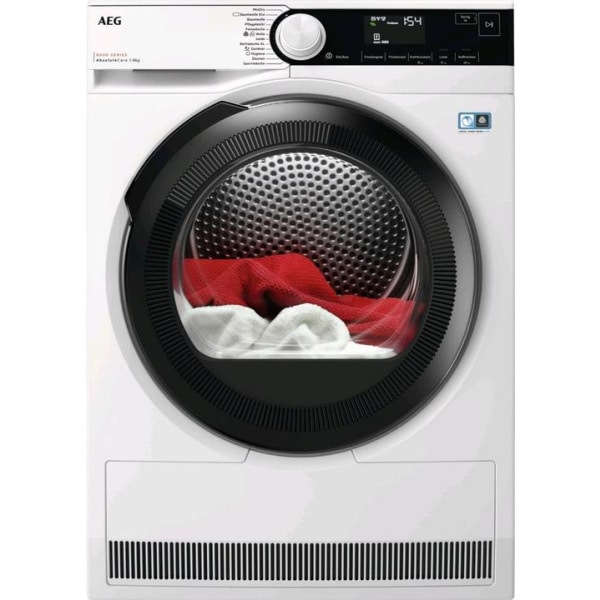 AEG LWR9W81609 zobrazený spredu s veľkým kruhovým dvierkovým otvorom a ovládacím panelom s časom 1:54.